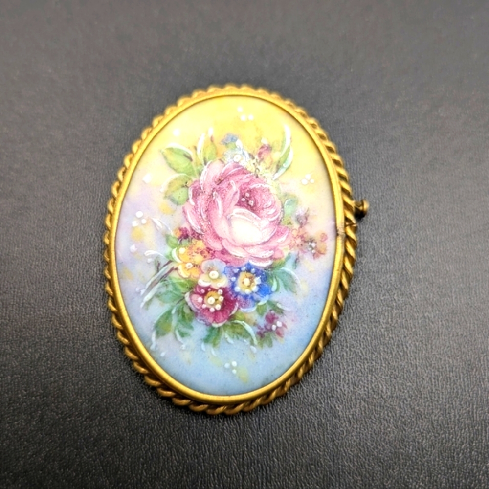 Limoges France Vintage Oval Porcelain Rose Flower Brooch Pin Trombone Clasp